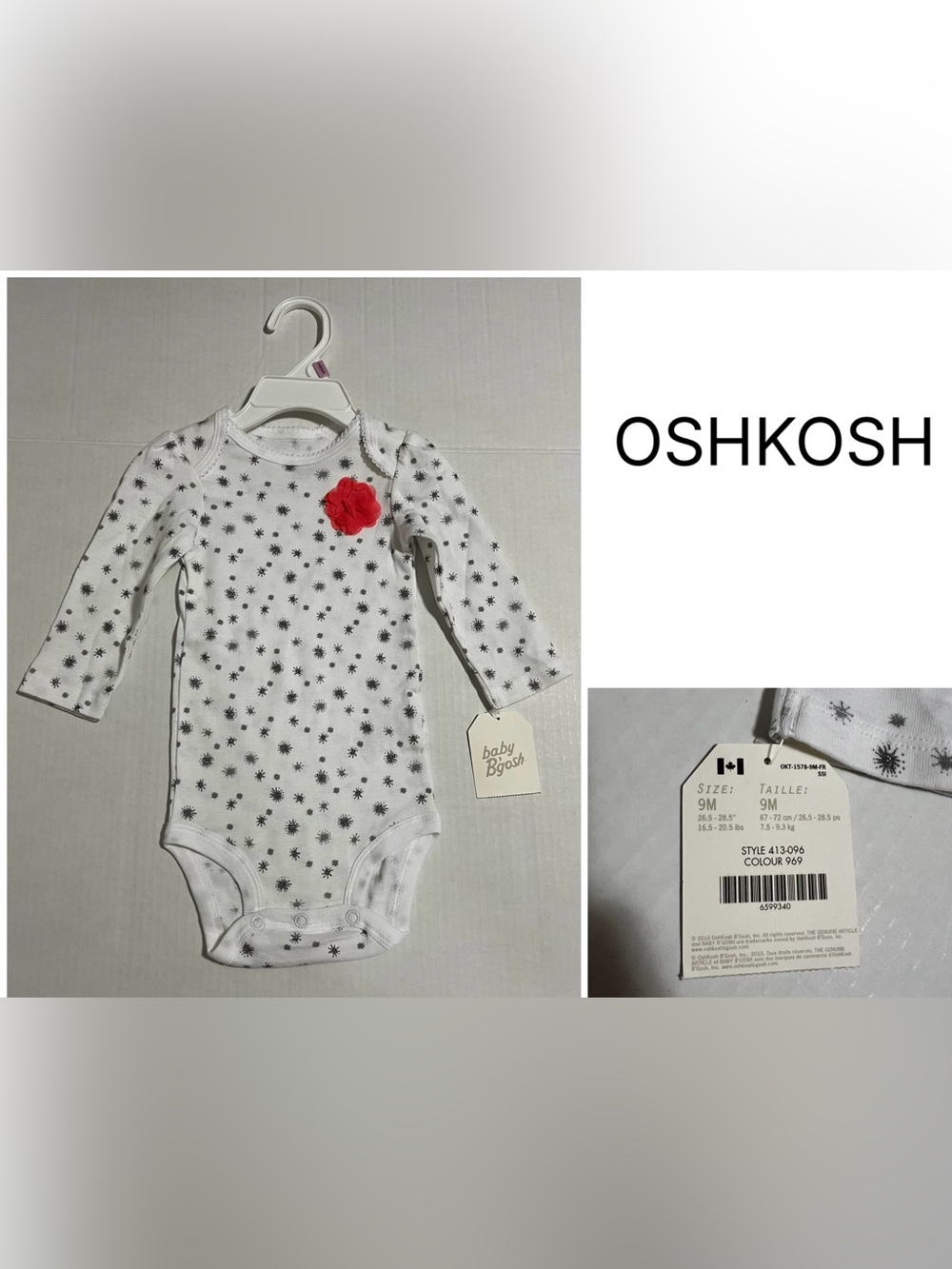 OSHKOSH - 9M - NWT - INFANT GIRLS FLORAL SILVER SPARKLE BODYSUIT / ONESIE